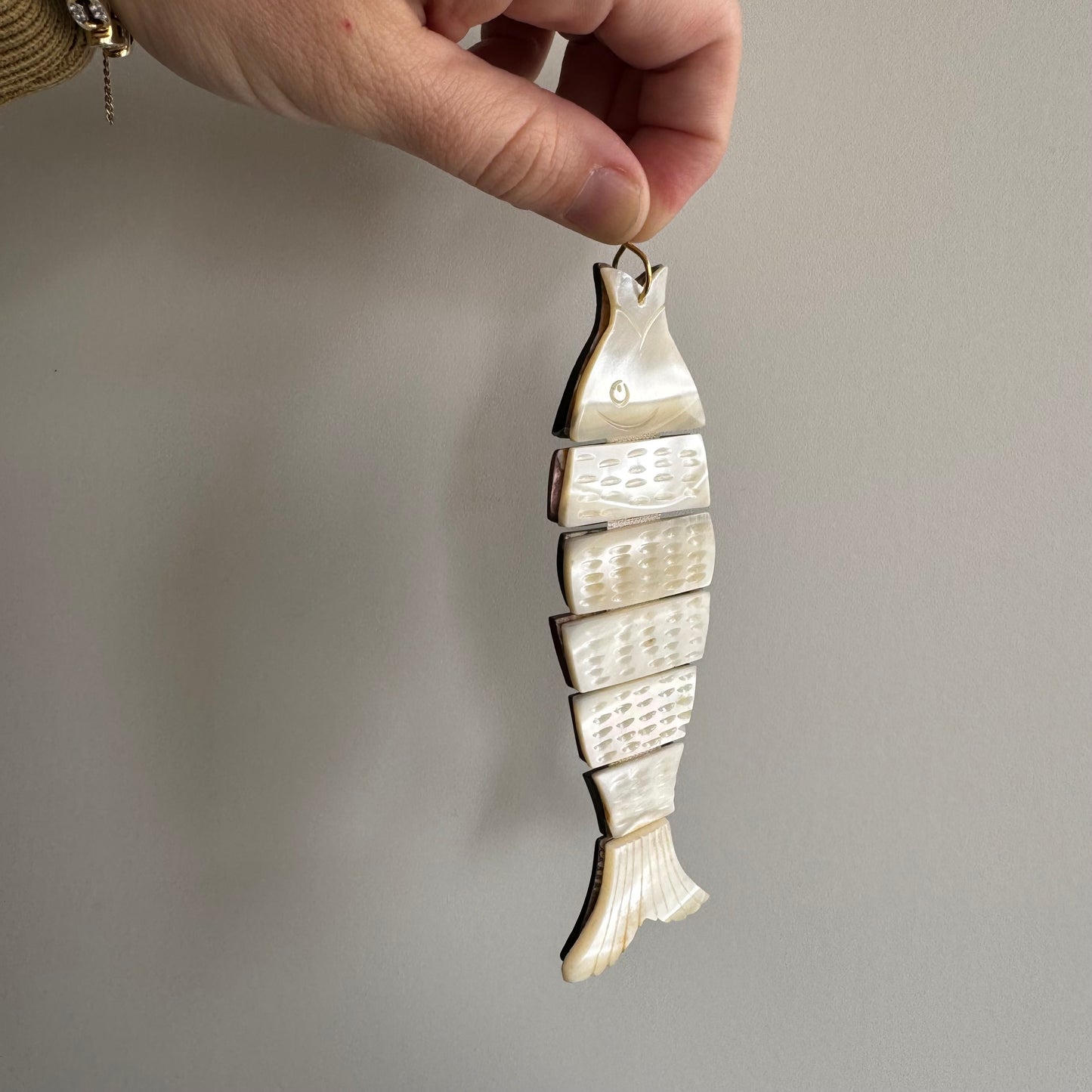 V I N T A G E // lucky catch / mid century articulated mother of pearl fish with 14k bail / a giant pendant