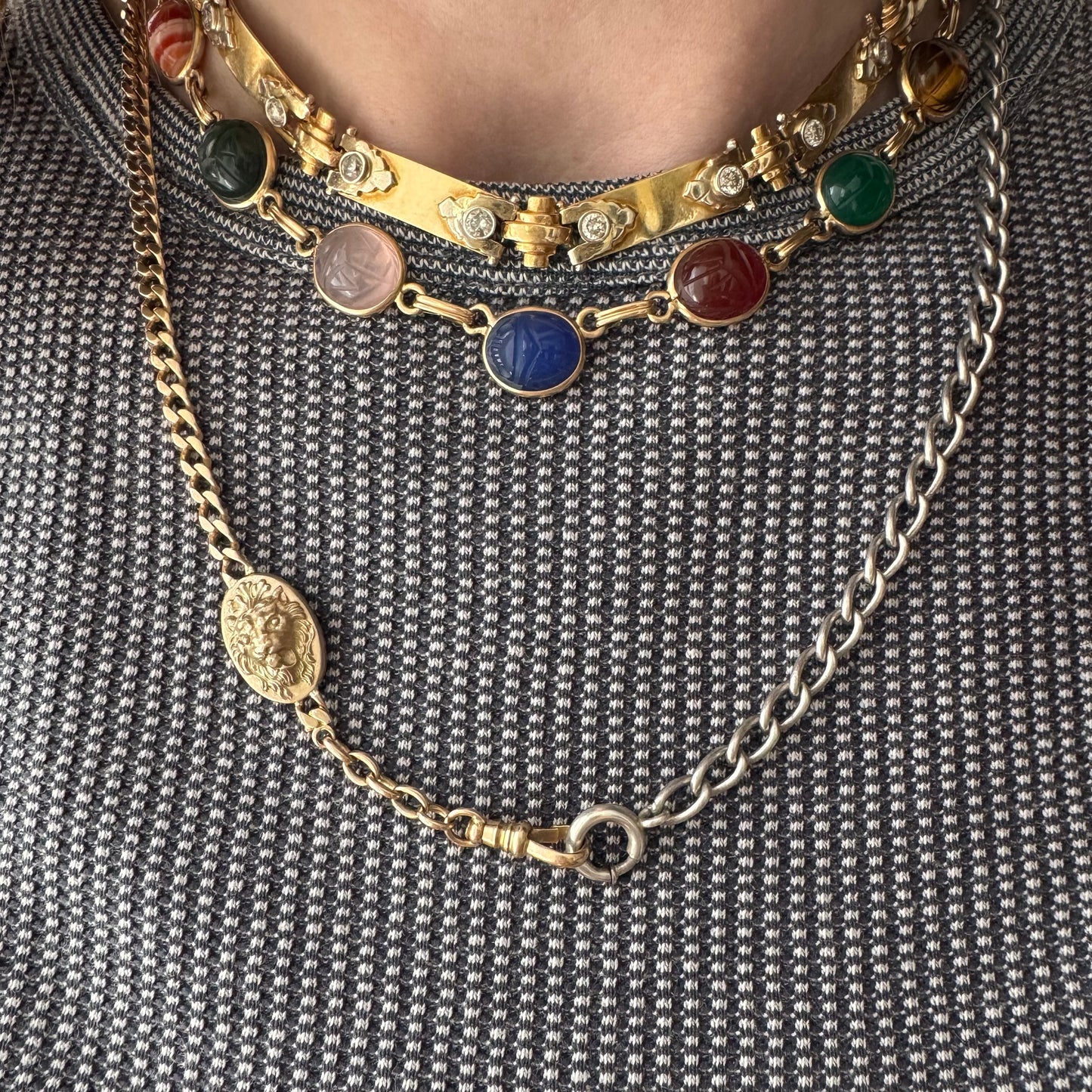 reimagined A N T I Q U E // dynamic duo / 14k rosy gold curb link watch chain with new nouveau lion and old sterling curb bracelet extender / 6.25" wrap bracelet or 19.75" necklace