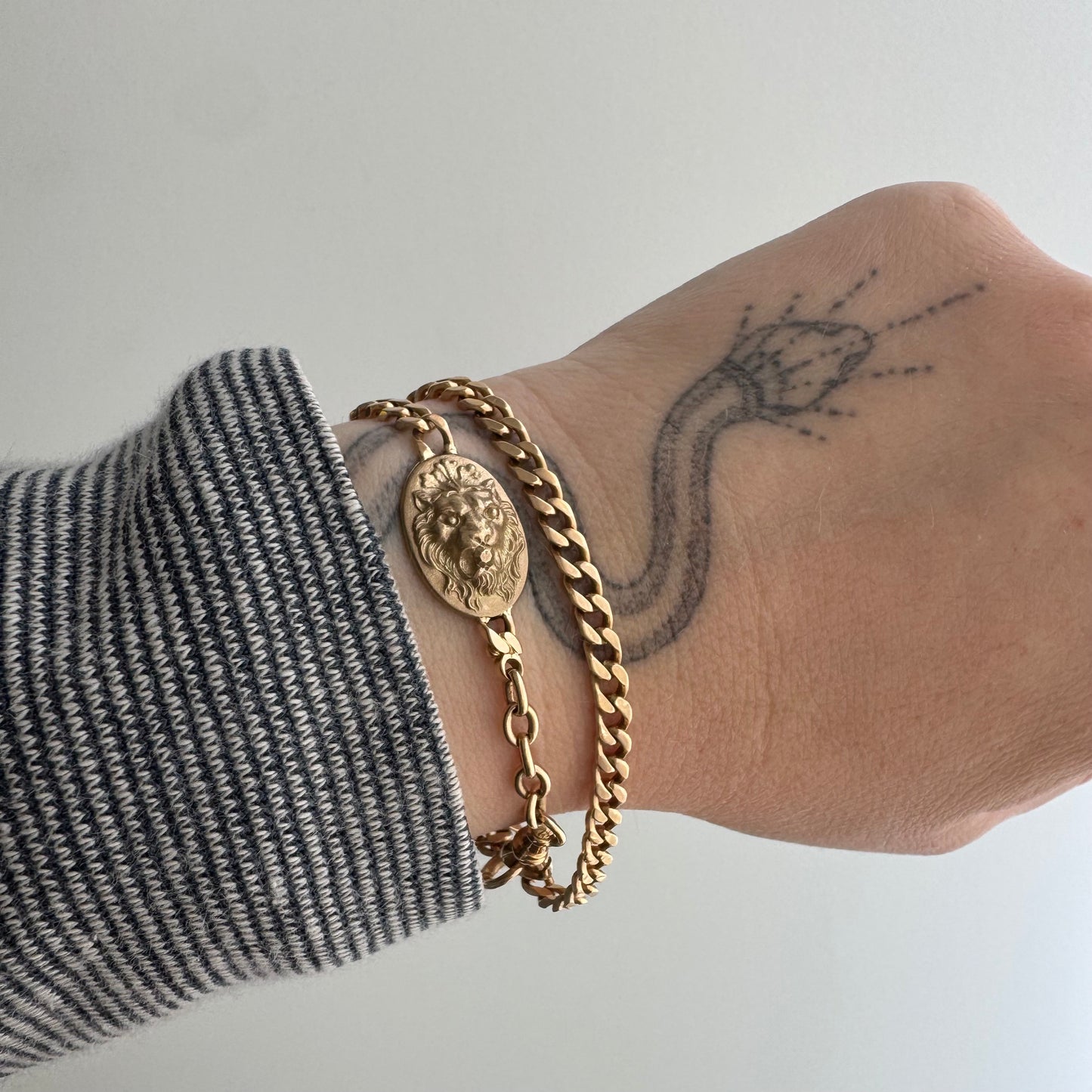 reimagined A N T I Q U E // dynamic duo / 14k rosy gold curb link watch chain with new nouveau lion and old sterling curb bracelet extender / 6.25" wrap bracelet or 19.75" necklace