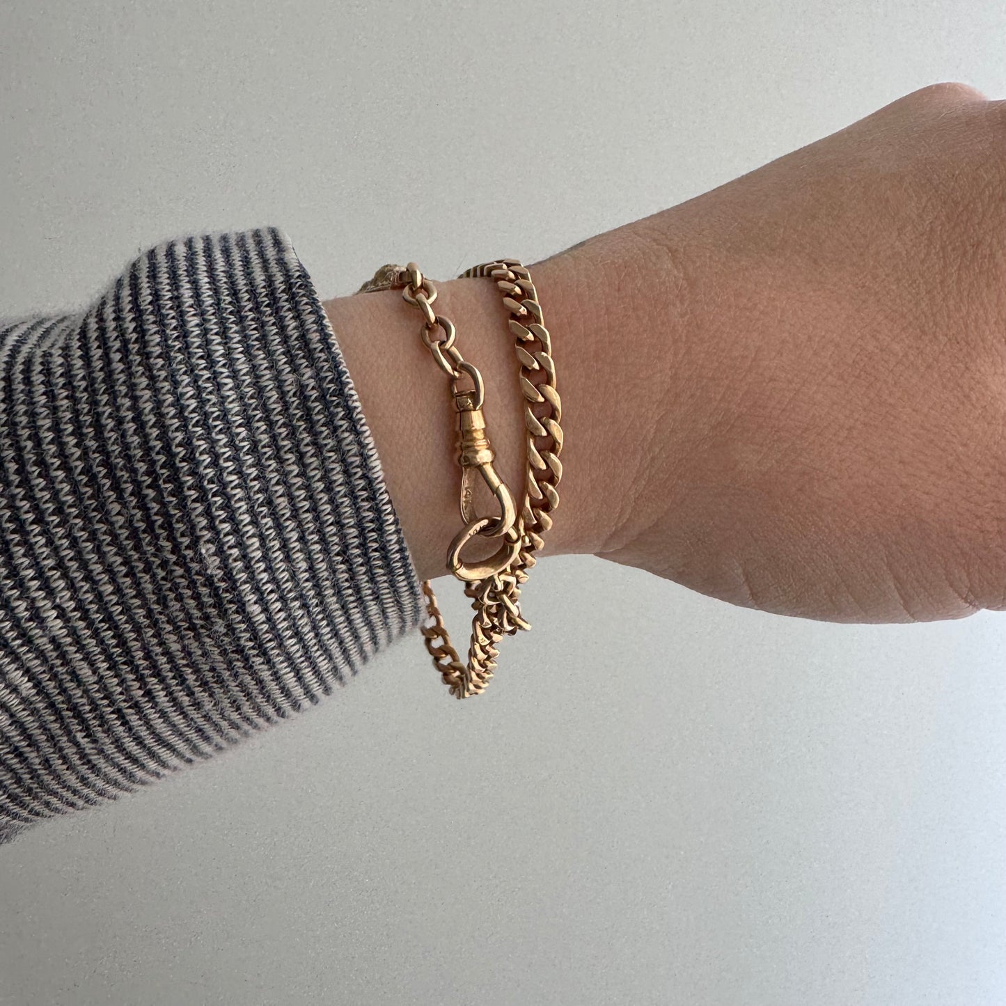 reimagined A N T I Q U E // dynamic duo / 14k rosy gold curb link watch chain with new nouveau lion and old sterling curb bracelet extender / 6.25" wrap bracelet or 19.75" necklace