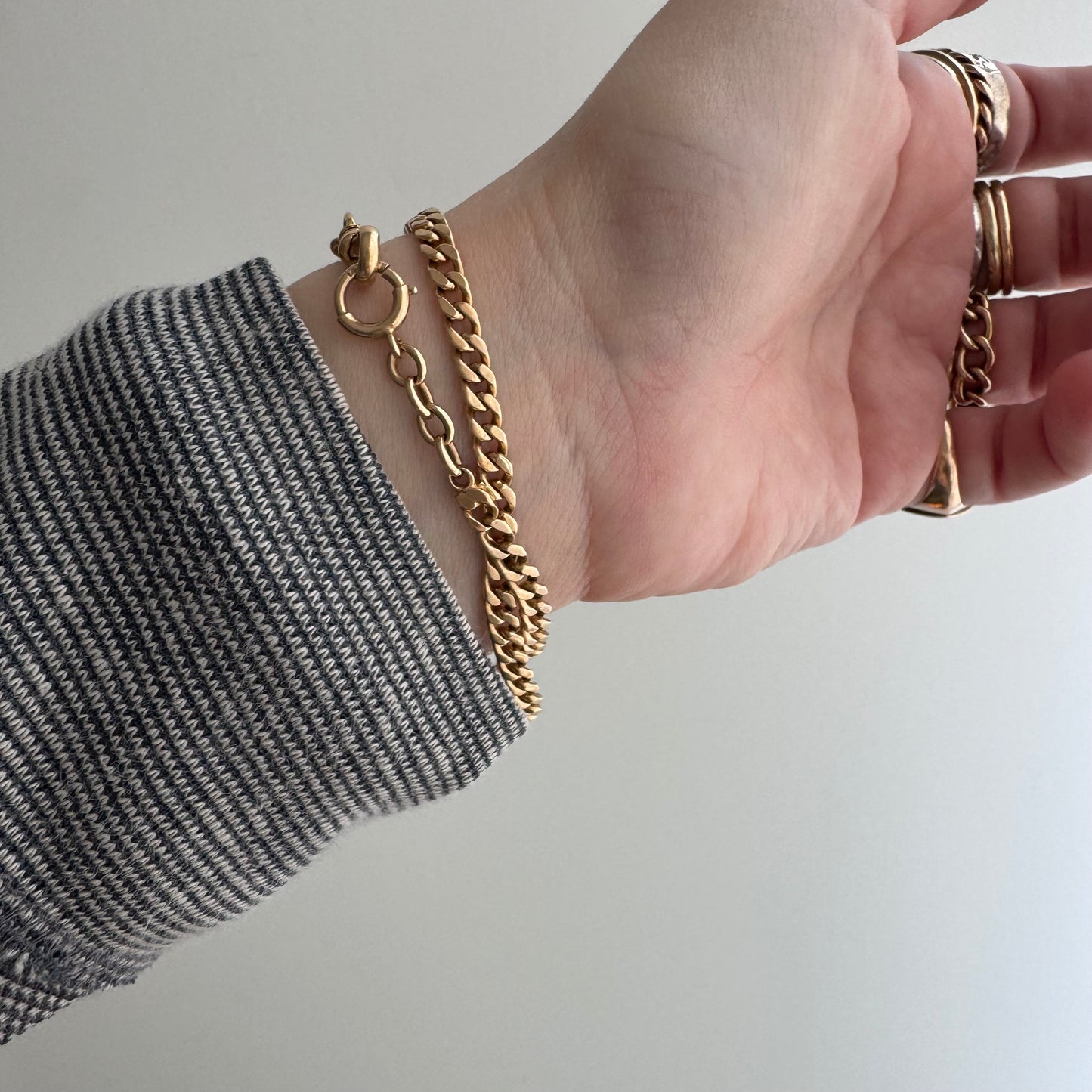 reimagined A N T I Q U E // dynamic duo / 14k rosy gold curb link watch chain with new nouveau lion and old sterling curb bracelet extender / 6.25" wrap bracelet or 19.75" necklace