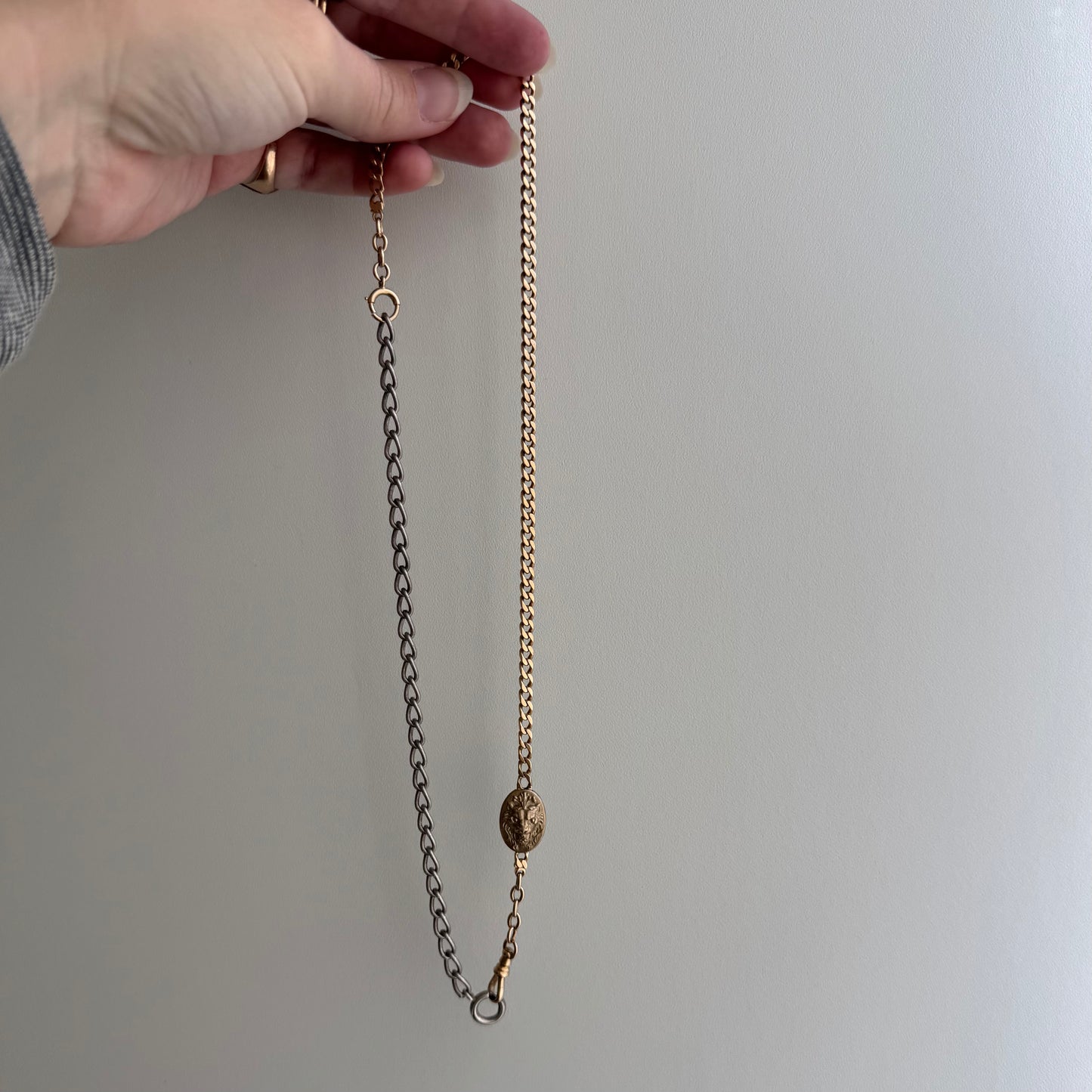 reimagined A N T I Q U E // dynamic duo / 14k rosy gold curb link watch chain with new nouveau lion and old sterling curb bracelet extender / 6.25" wrap bracelet or 19.75" necklace