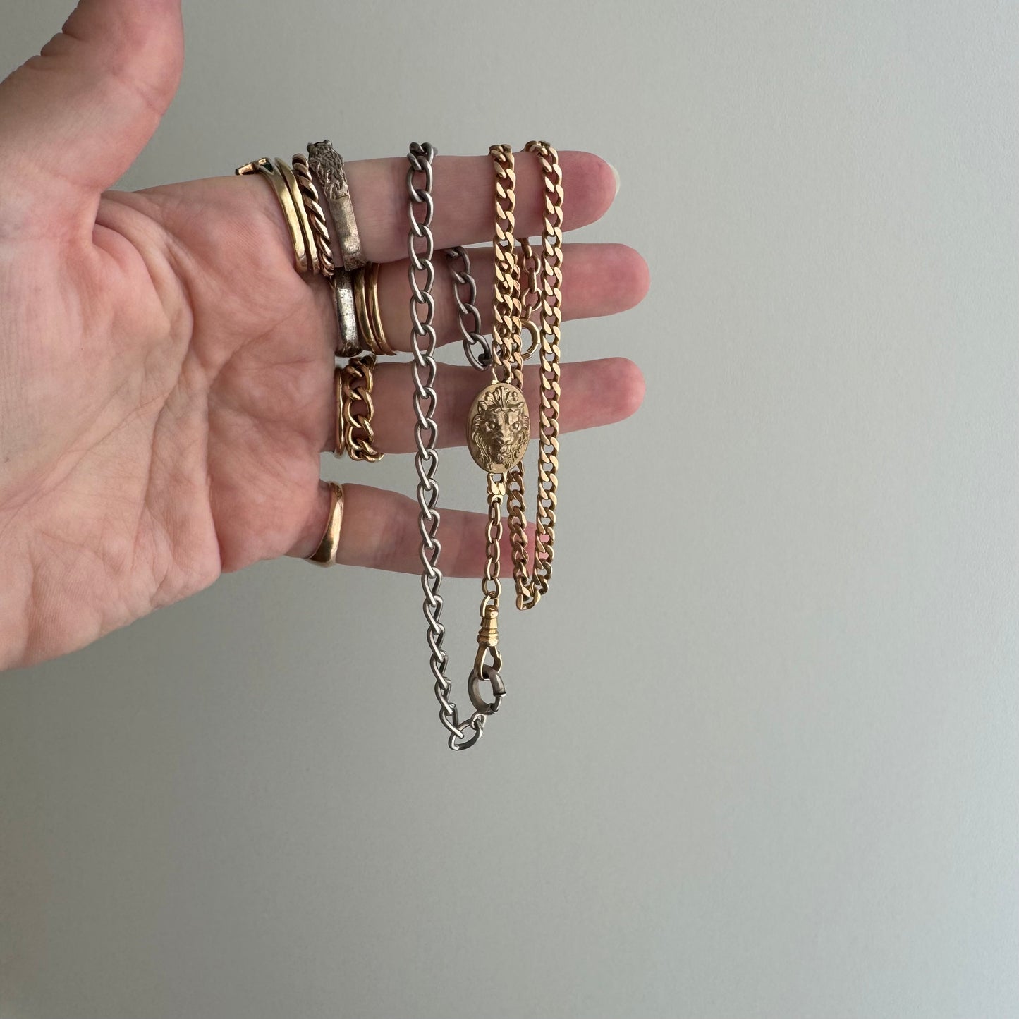 reimagined A N T I Q U E // dynamic duo / 14k rosy gold curb link watch chain with new nouveau lion and old sterling curb bracelet extender / 6.25" wrap bracelet or 19.75" necklace