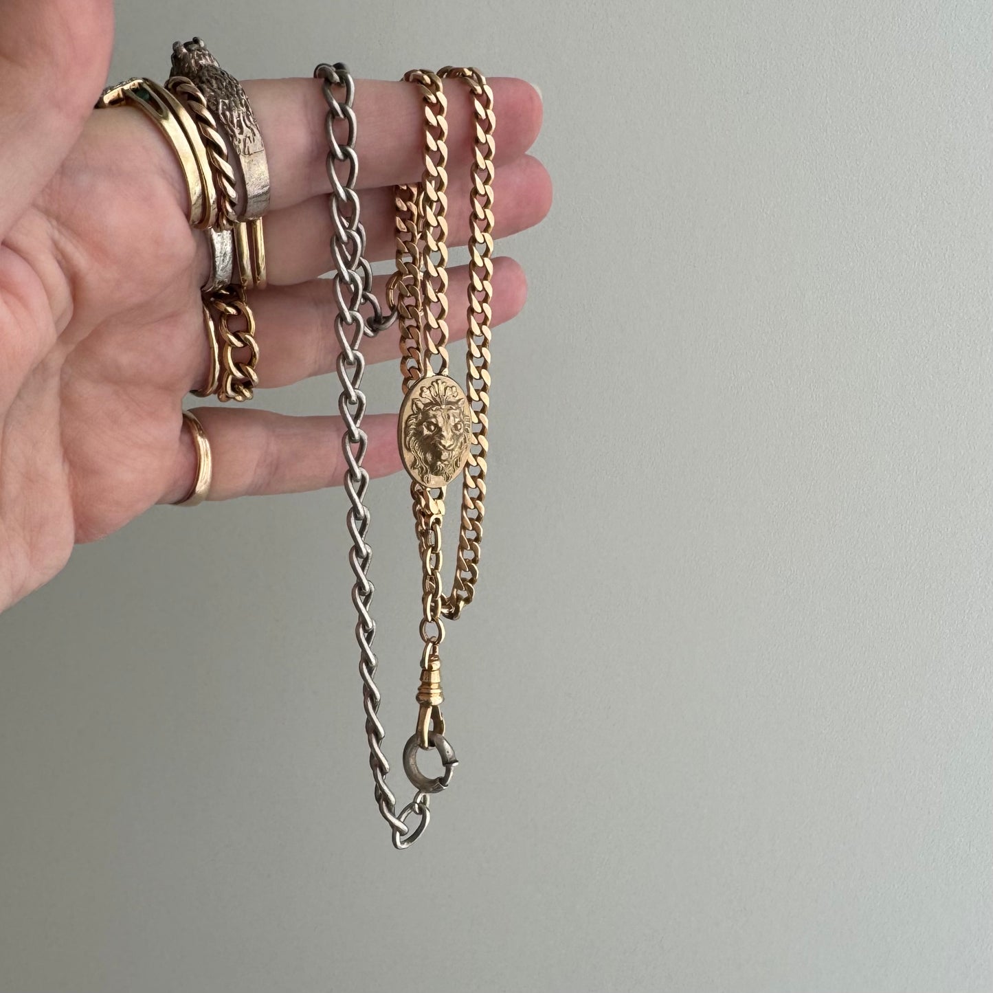 reimagined A N T I Q U E // dynamic duo / 14k rosy gold curb link watch chain with new nouveau lion and old sterling curb bracelet extender / 6.25" wrap bracelet or 19.75" necklace