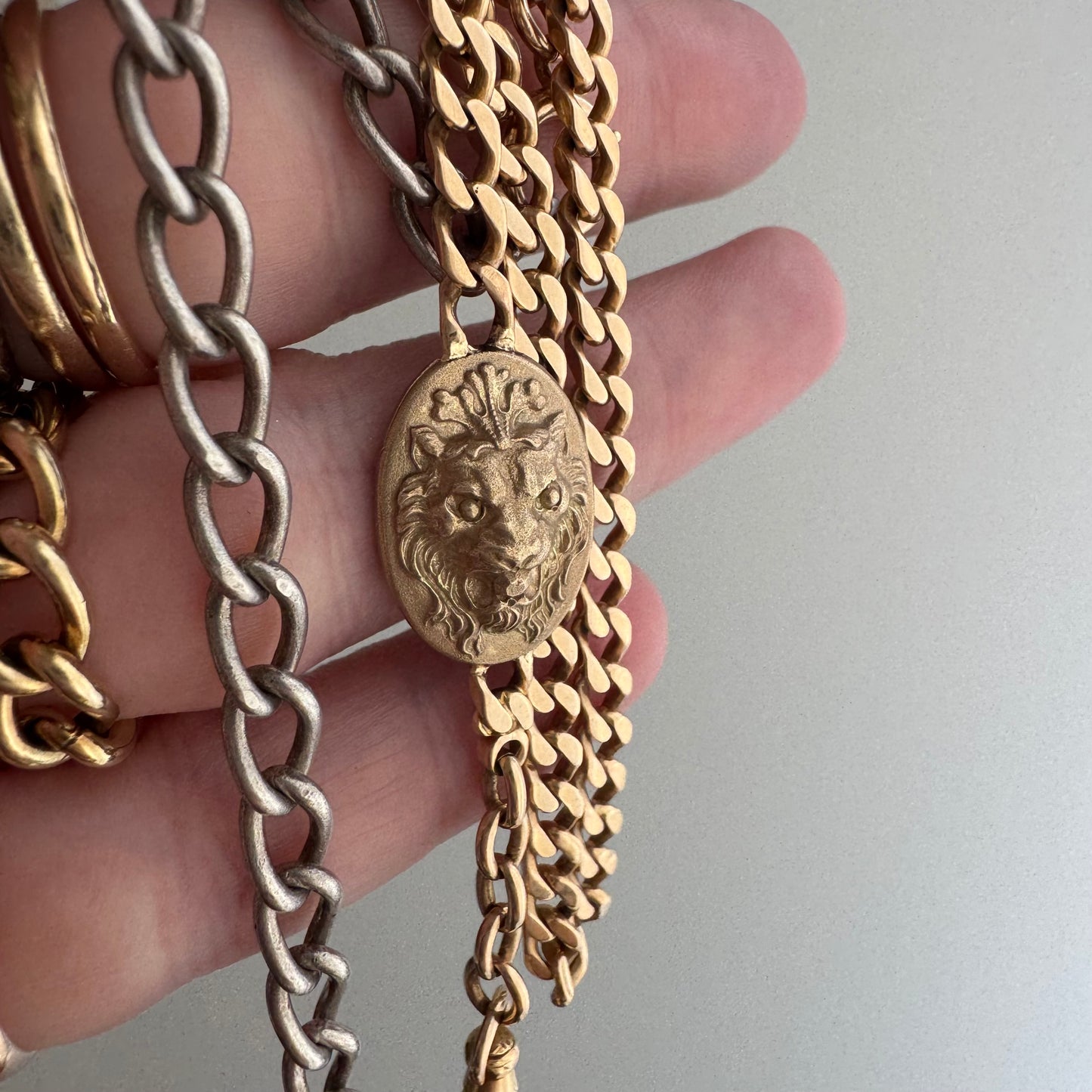 reimagined A N T I Q U E // dynamic duo / 14k rosy gold curb link watch chain with new nouveau lion and old sterling curb bracelet extender / 6.25" wrap bracelet or 19.75" necklace