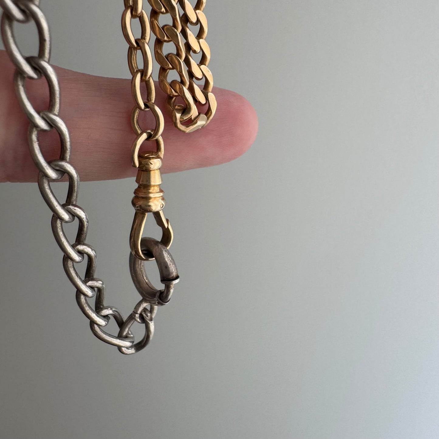 reimagined A N T I Q U E // dynamic duo / 14k rosy gold curb link watch chain with new nouveau lion and old sterling curb bracelet extender / 6.25" wrap bracelet or 19.75" necklace