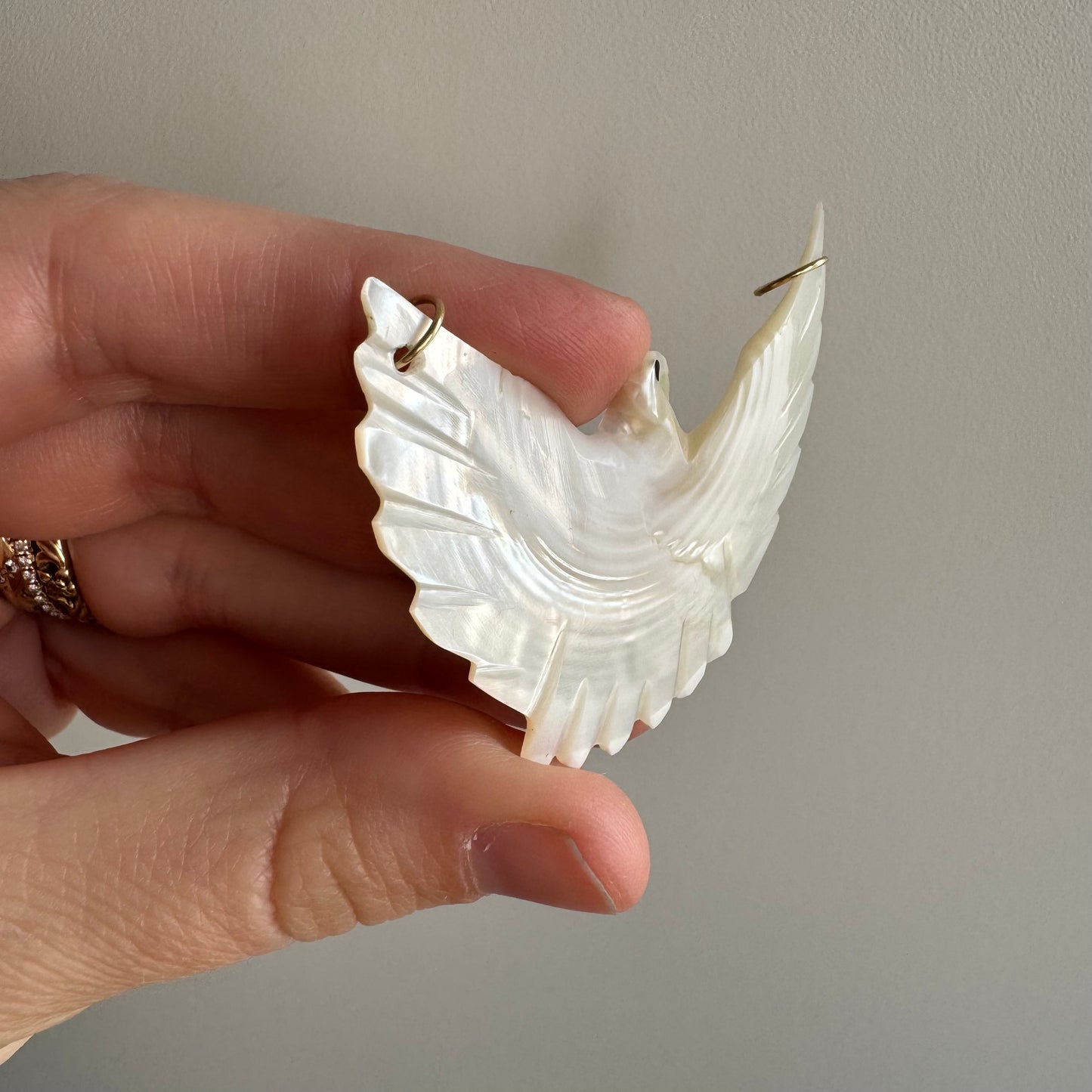 V I N T A G E // with these wings / 14k and carved mother of pearl bird / a pendant