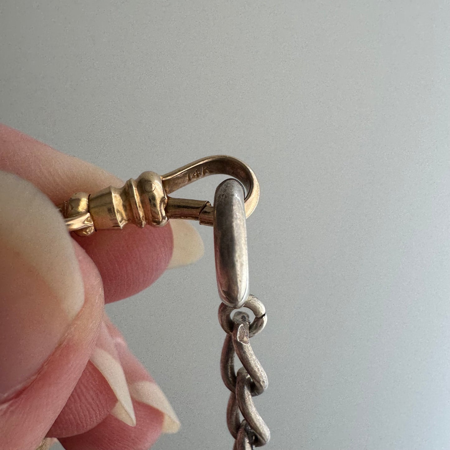 reimagined A N T I Q U E // dynamic duo / 14k rosy gold curb link watch chain with new nouveau lion and old sterling curb bracelet extender / 6.25" wrap bracelet or 19.75" necklace