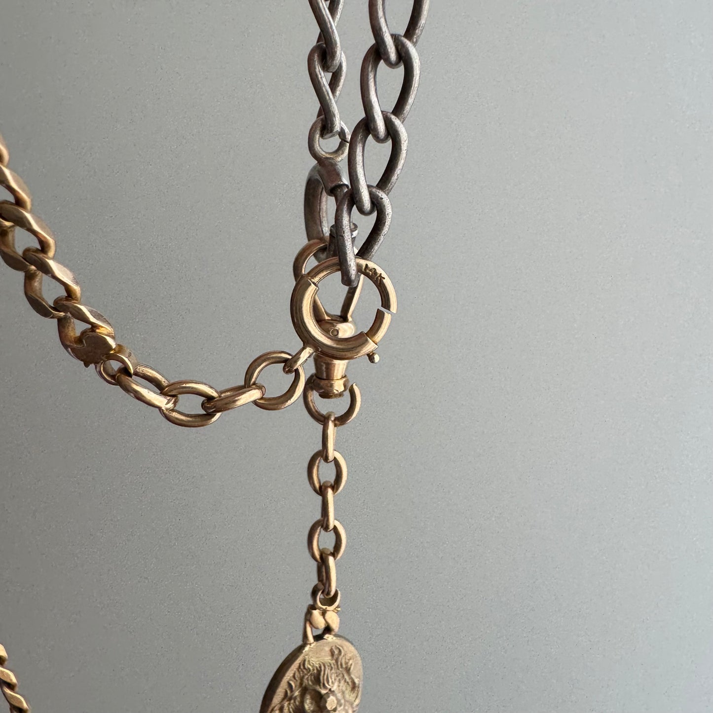 reimagined A N T I Q U E // dynamic duo / 14k rosy gold curb link watch chain with new nouveau lion and old sterling curb bracelet extender / 6.25" wrap bracelet or 19.75" necklace