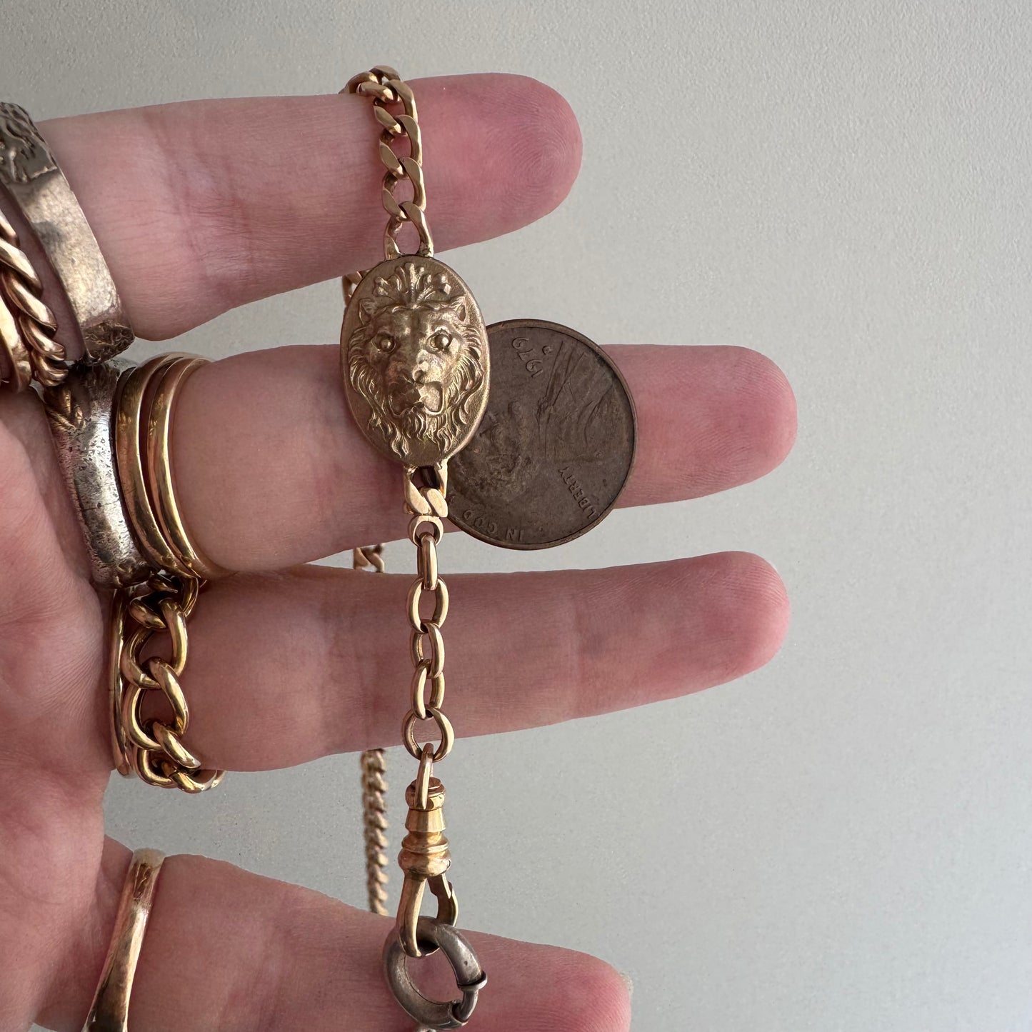 reimagined A N T I Q U E // dynamic duo / 14k rosy gold curb link watch chain with new nouveau lion and old sterling curb bracelet extender / 6.25" wrap bracelet or 19.75" necklace