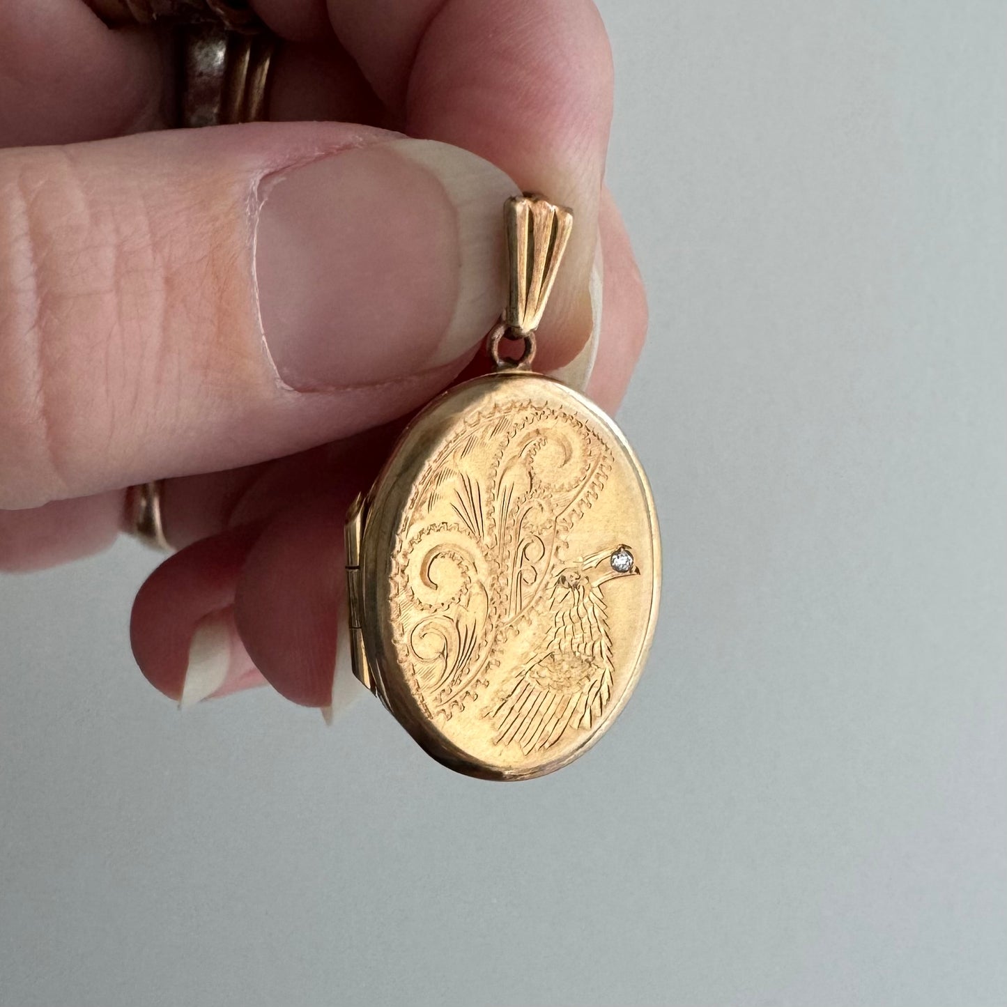 reimagined V I N T A G E // treasure seeker / 9k rosy gold oval locket with new crow engraving / a pendant