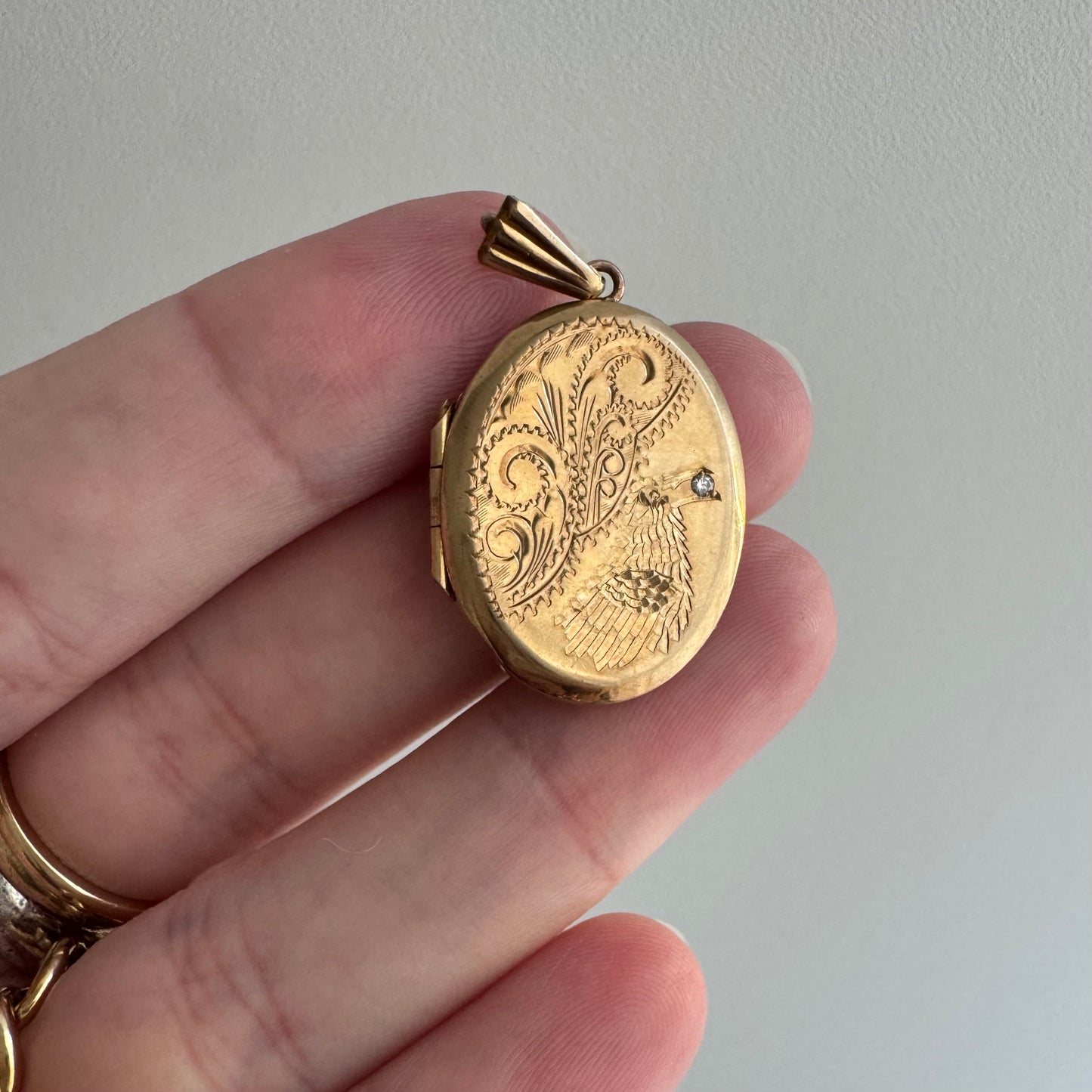 reimagined V I N T A G E // treasure seeker / 9k rosy gold oval locket with new crow engraving / a pendant