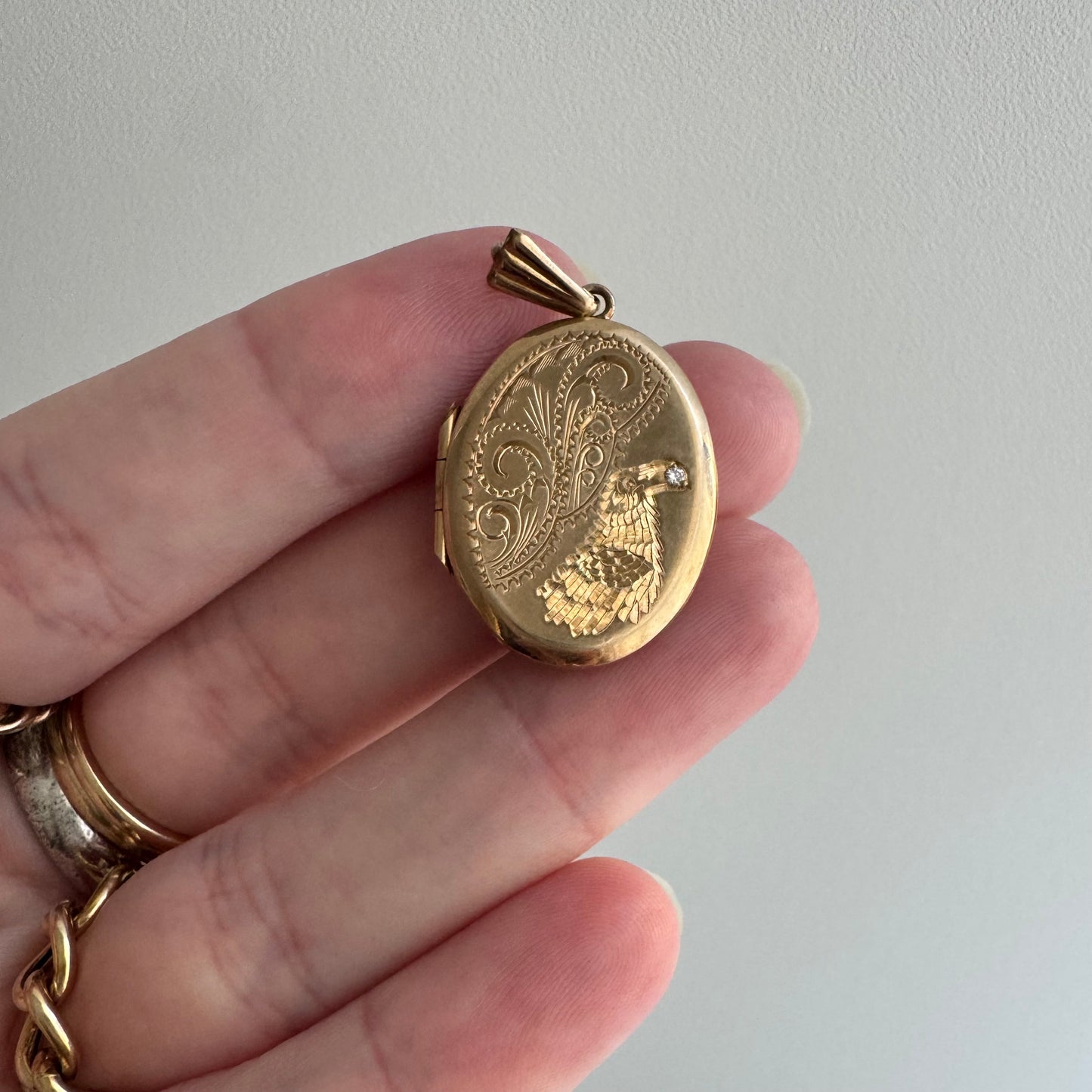 reimagined V I N T A G E // treasure seeker / 9k rosy gold oval locket with new crow engraving / a pendant