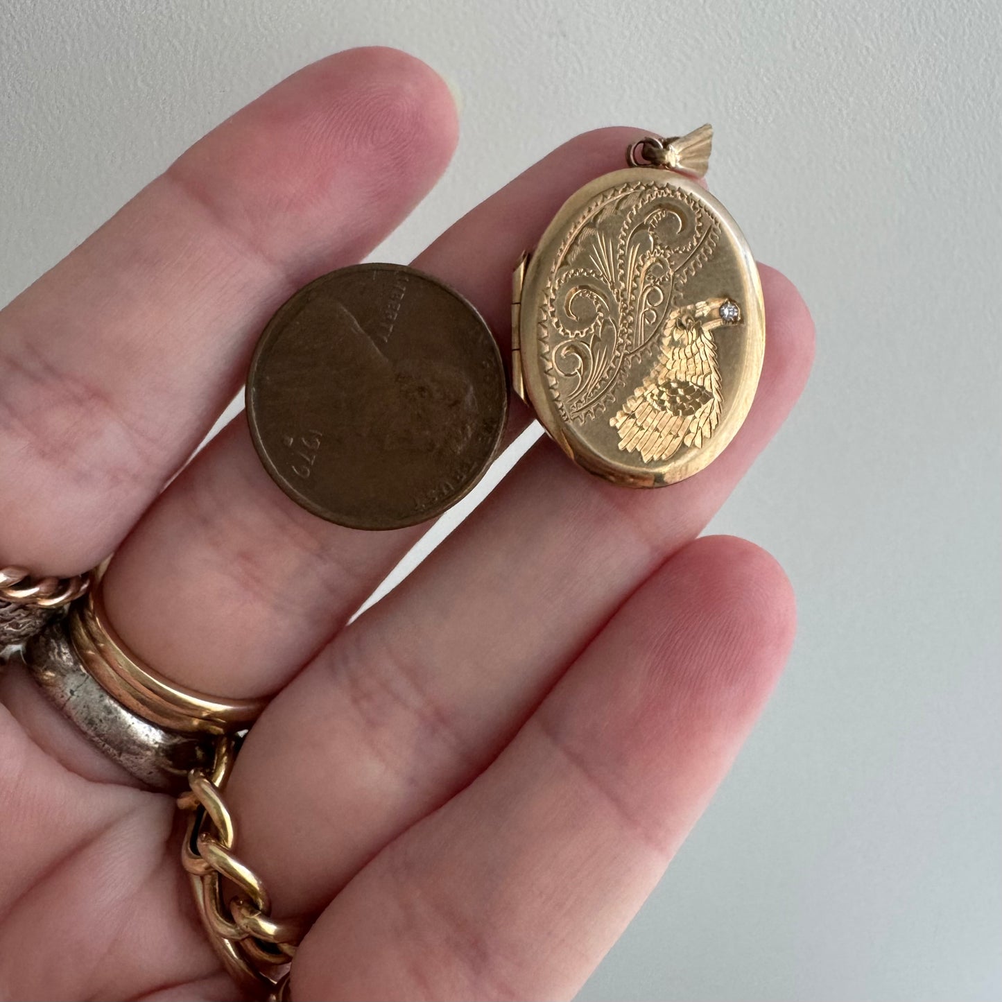 reimagined V I N T A G E // treasure seeker / 9k rosy gold oval locket with new crow engraving / a pendant