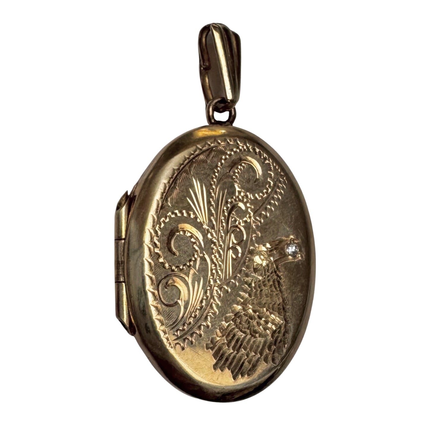 reimagined V I N T A G E // treasure seeker / 9k rosy gold oval locket with new crow engraving / a pendant