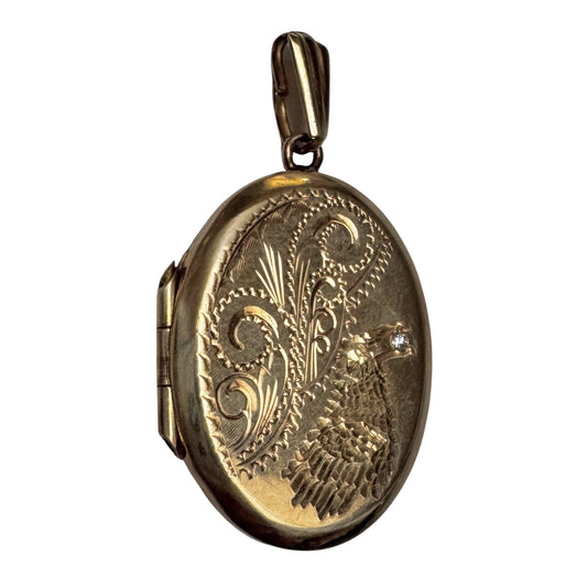 reimagined V I N T A G E // treasure seeker / 9k rosy gold oval locket with new crow engraving / a pendant
