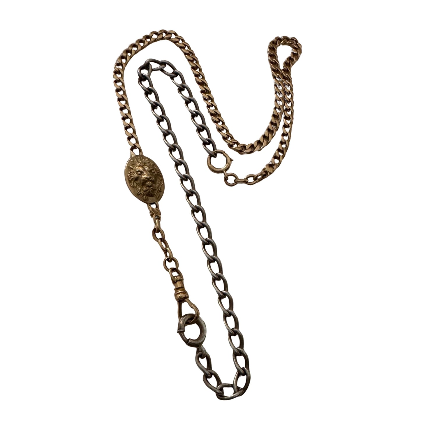reimagined A N T I Q U E // dynamic duo / 14k rosy gold curb link watch chain with new nouveau lion and old sterling curb bracelet extender / 6.25" wrap bracelet or 19.75" necklace
