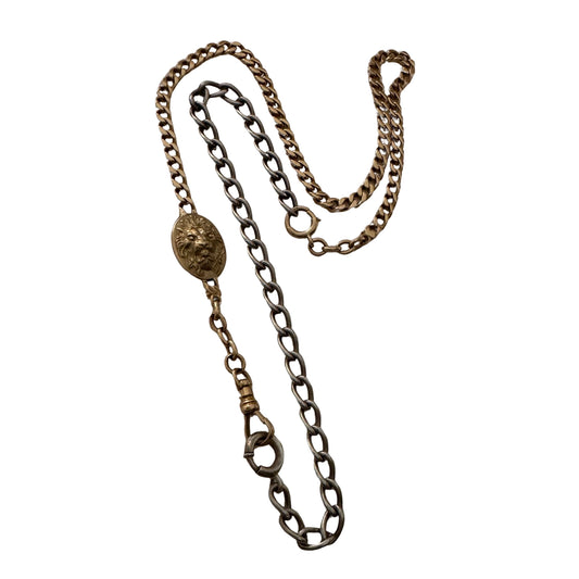 reimagined A N T I Q U E // dynamic duo / 14k rosy gold curb link watch chain with new nouveau lion and old sterling curb bracelet extender / 6.25" wrap bracelet or 19.75" necklace