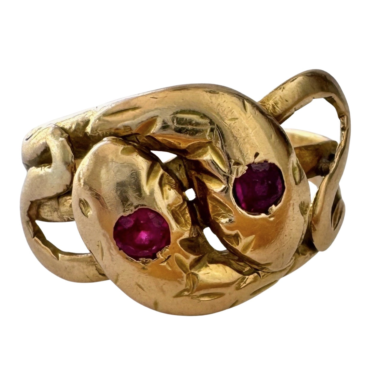 A N T I Q U E // ruby sisters / 18k gold double serpent ring with worn rubies / size 10.5