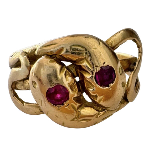 A N T I Q U E // ruby sisters / 18k gold double serpent ring with worn rubies / size 10.5