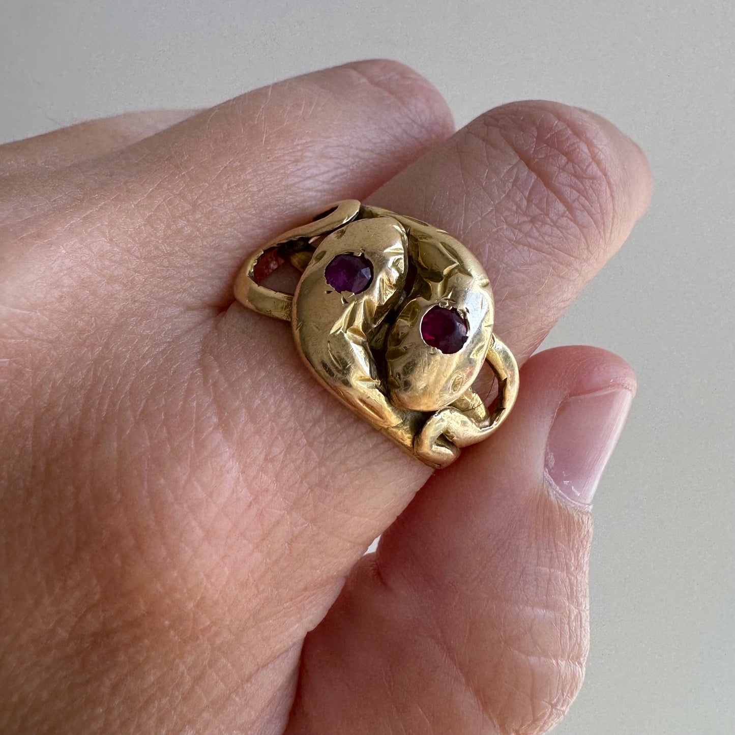 A N T I Q U E // ruby sisters / 18k gold double serpent ring with worn rubies / size 10.5