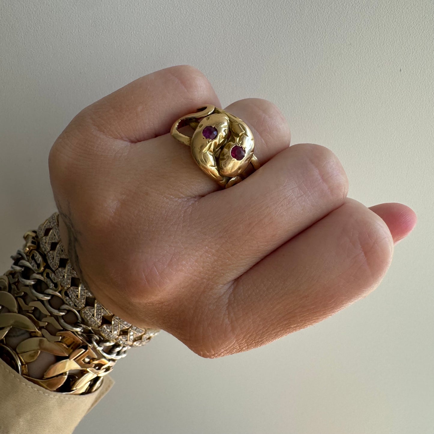 A N T I Q U E // ruby sisters / 18k gold double serpent ring with worn rubies / size 10.5