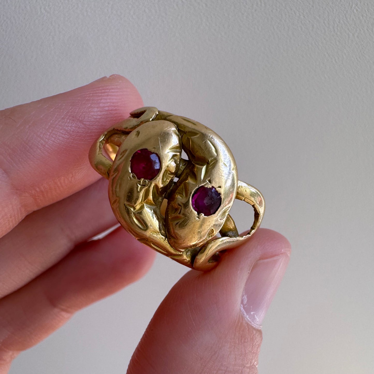 A N T I Q U E // ruby sisters / 18k gold double serpent ring with worn rubies / size 10.5