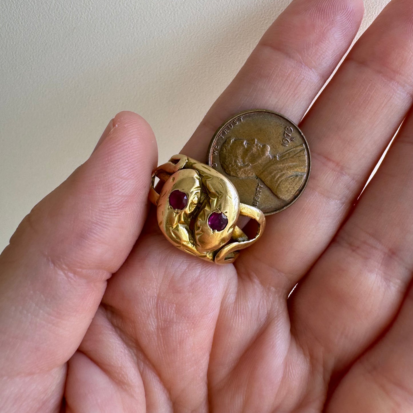 A N T I Q U E // ruby sisters / 18k gold double serpent ring with worn rubies / size 10.5