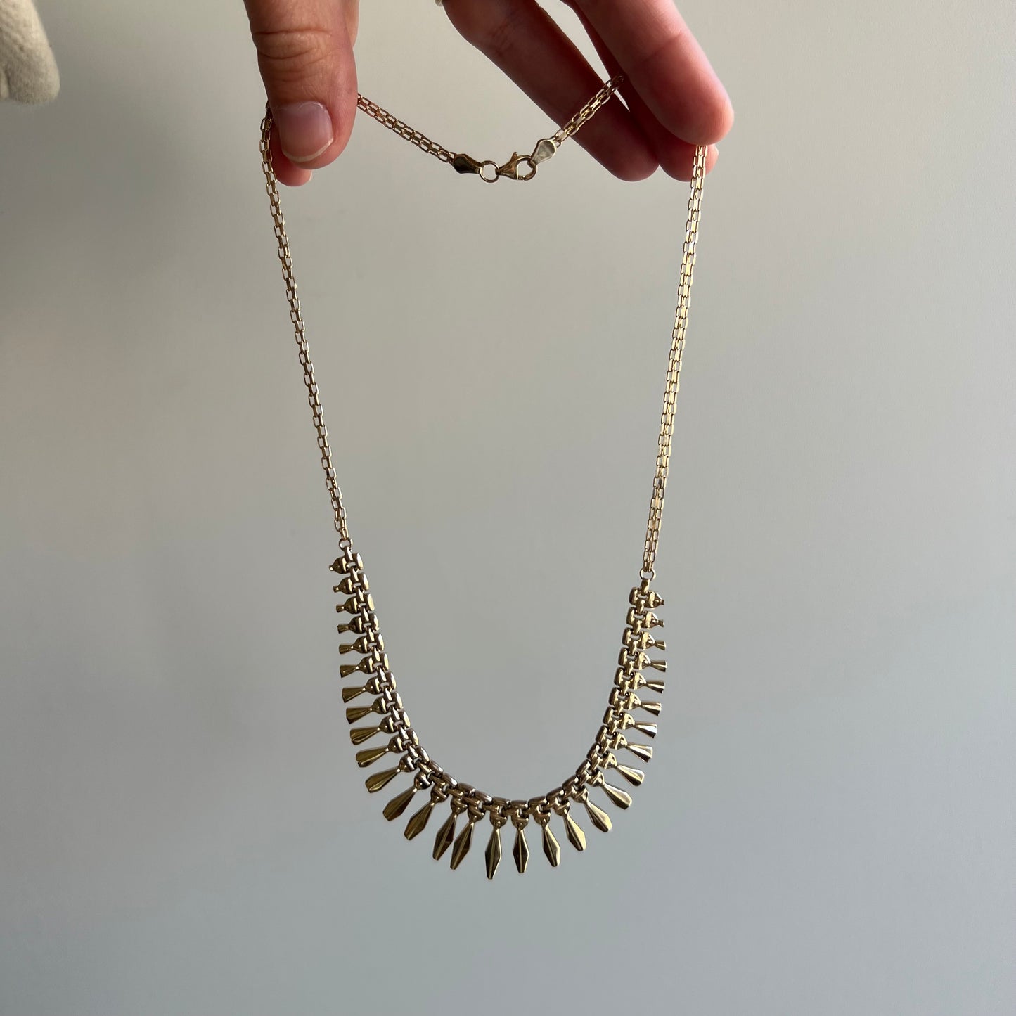 V I N T A G E // Cleopatra's fringe / 10k yellow gold bib necklace with bismark chain / 17"