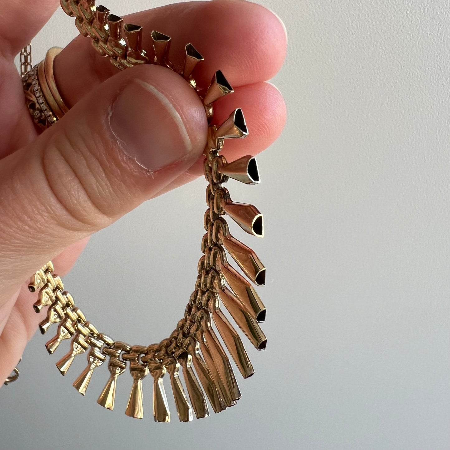 V I N T A G E // Cleopatra's fringe / 10k yellow gold bib necklace with bismark chain / 17"