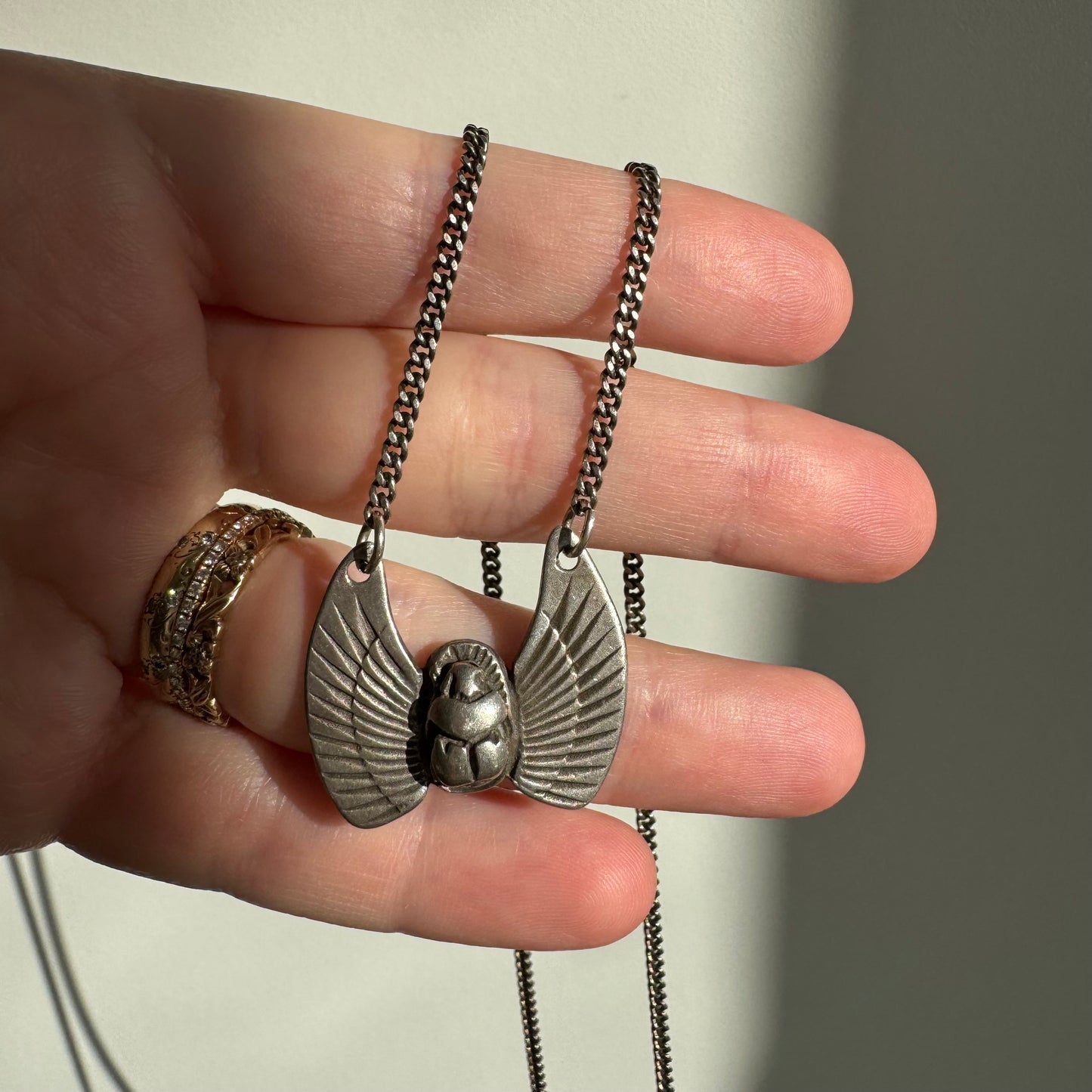 V I N T A G E // sacred beetle / sterling silver scarab in flight necklace / 22.5"