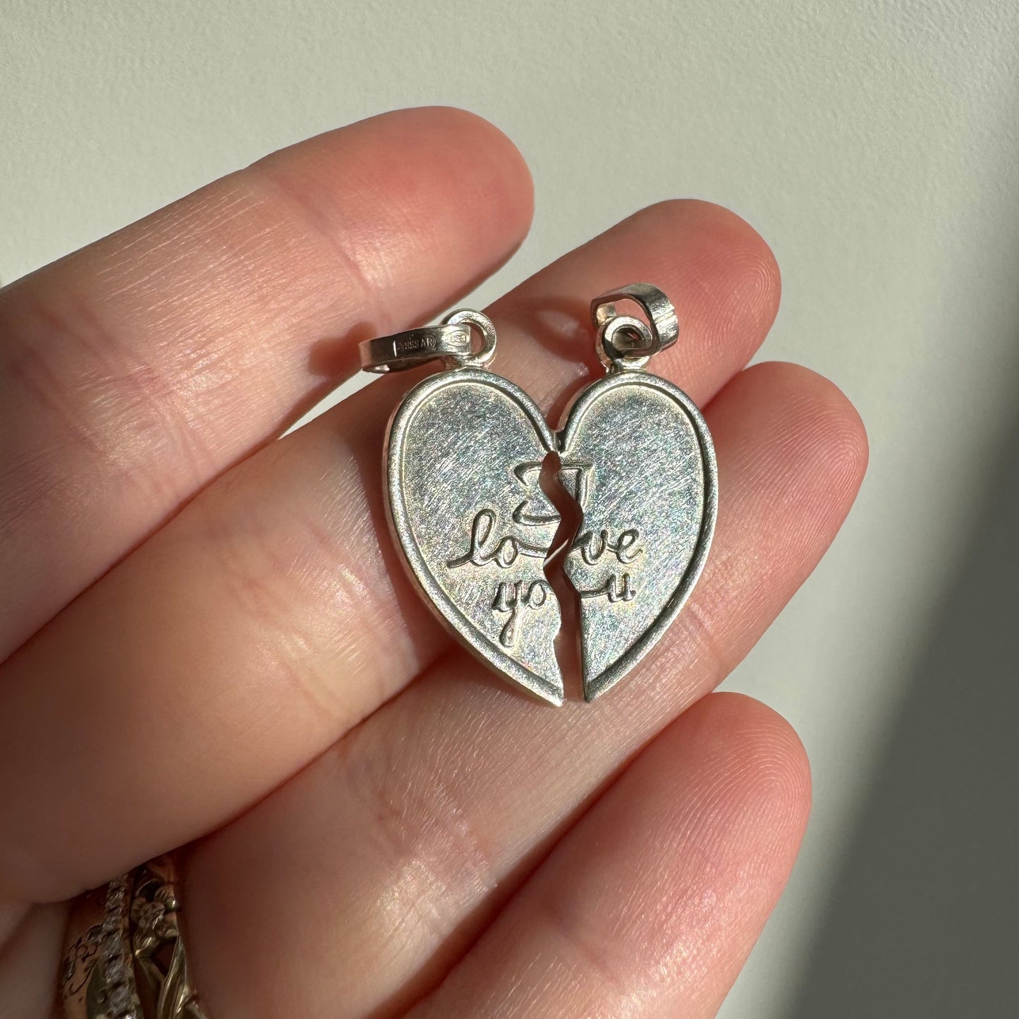 V I N T A G E // a heart in two / sterling silver I LOVE YOU two part heart / a pendant