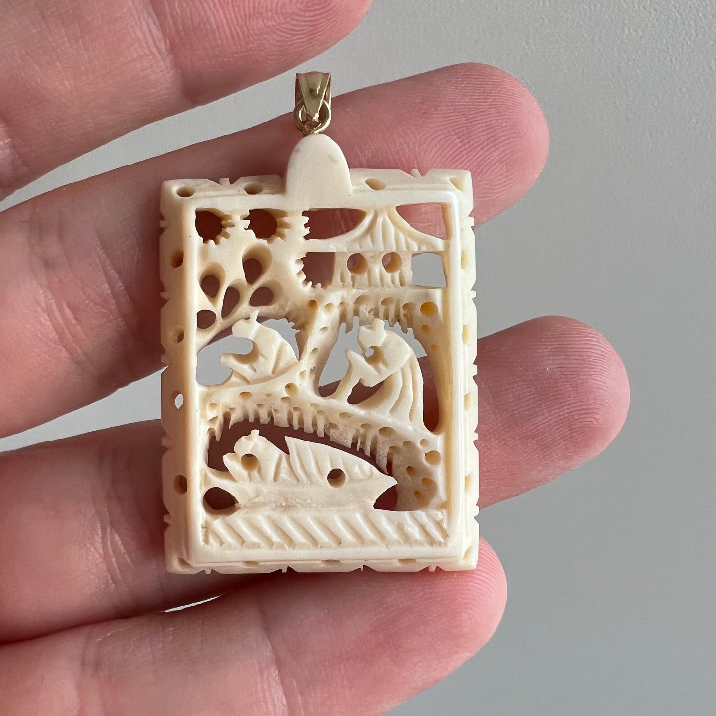 V I N T A G E // the journey and the destination / 14k and carved bone scene / a pendant