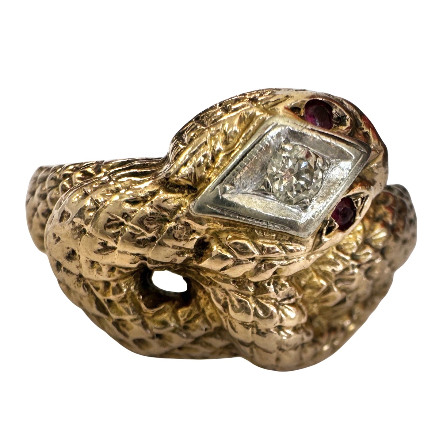 V I N T A G E // diamond head / 10k gold snake ring with diamonds and rubies / size 9.75 to 10