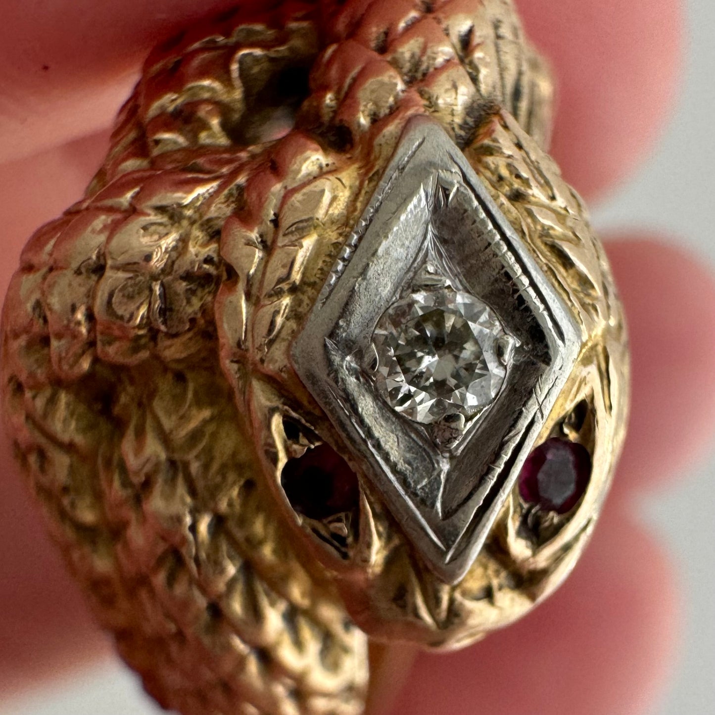 V I N T A G E // diamond head / 10k gold snake ring with diamonds and rubies / size 9.75 to 10