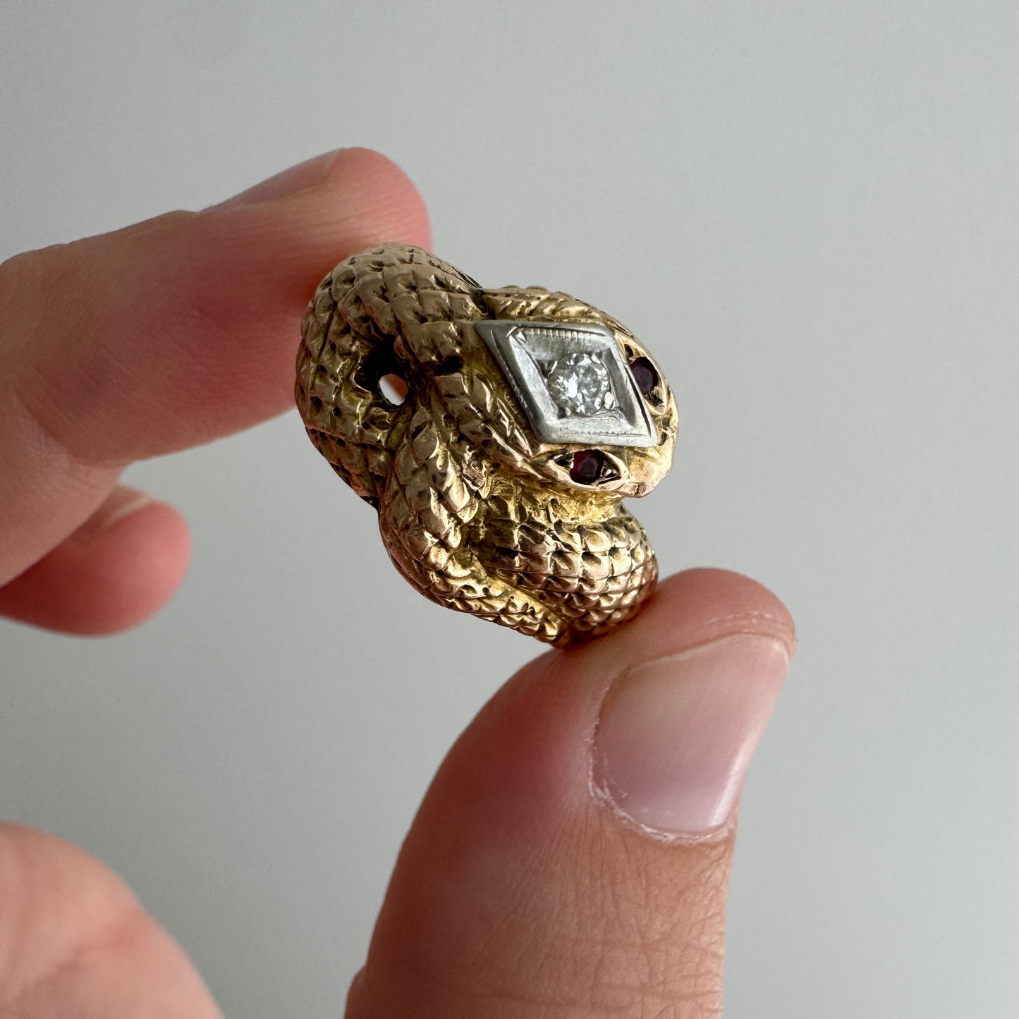 V I N T A G E // diamond head / 10k gold snake ring with diamonds and rubies / size 9.75 to 10