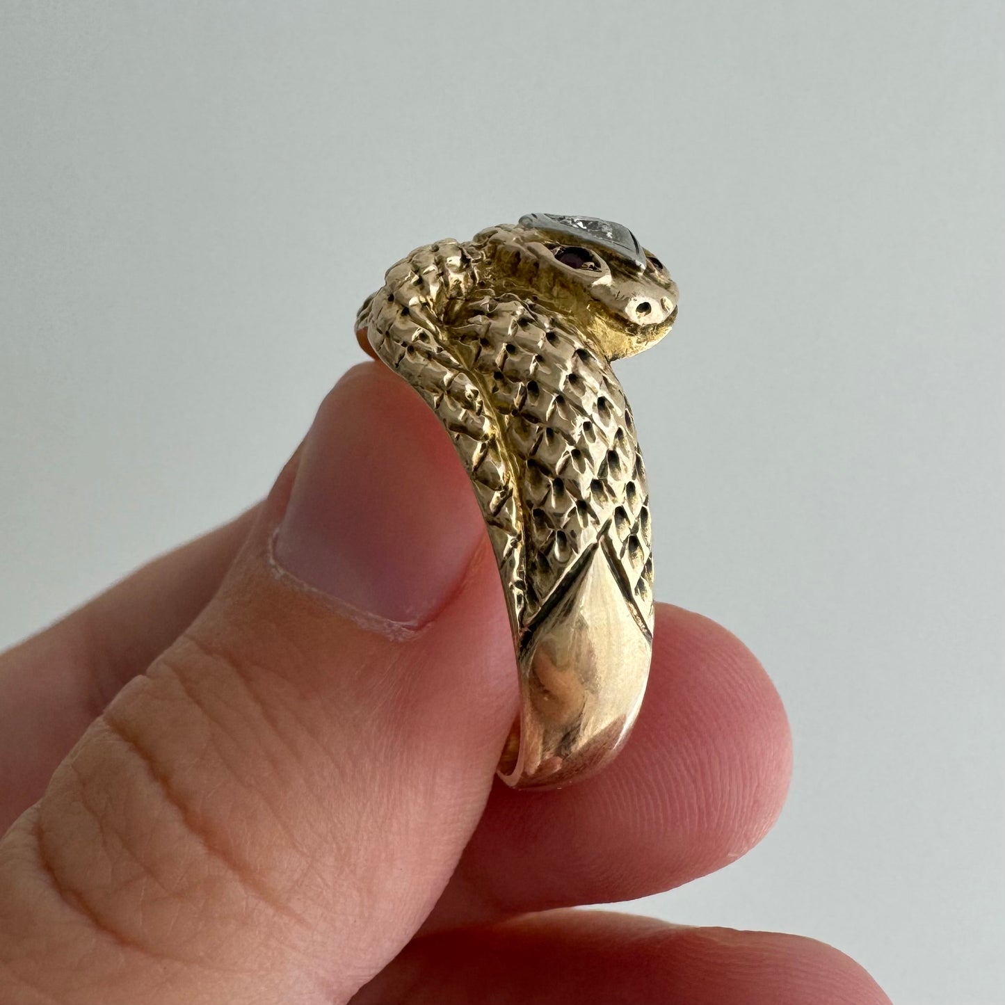 V I N T A G E // diamond head / 10k gold snake ring with diamonds and rubies / size 9.75 to 10