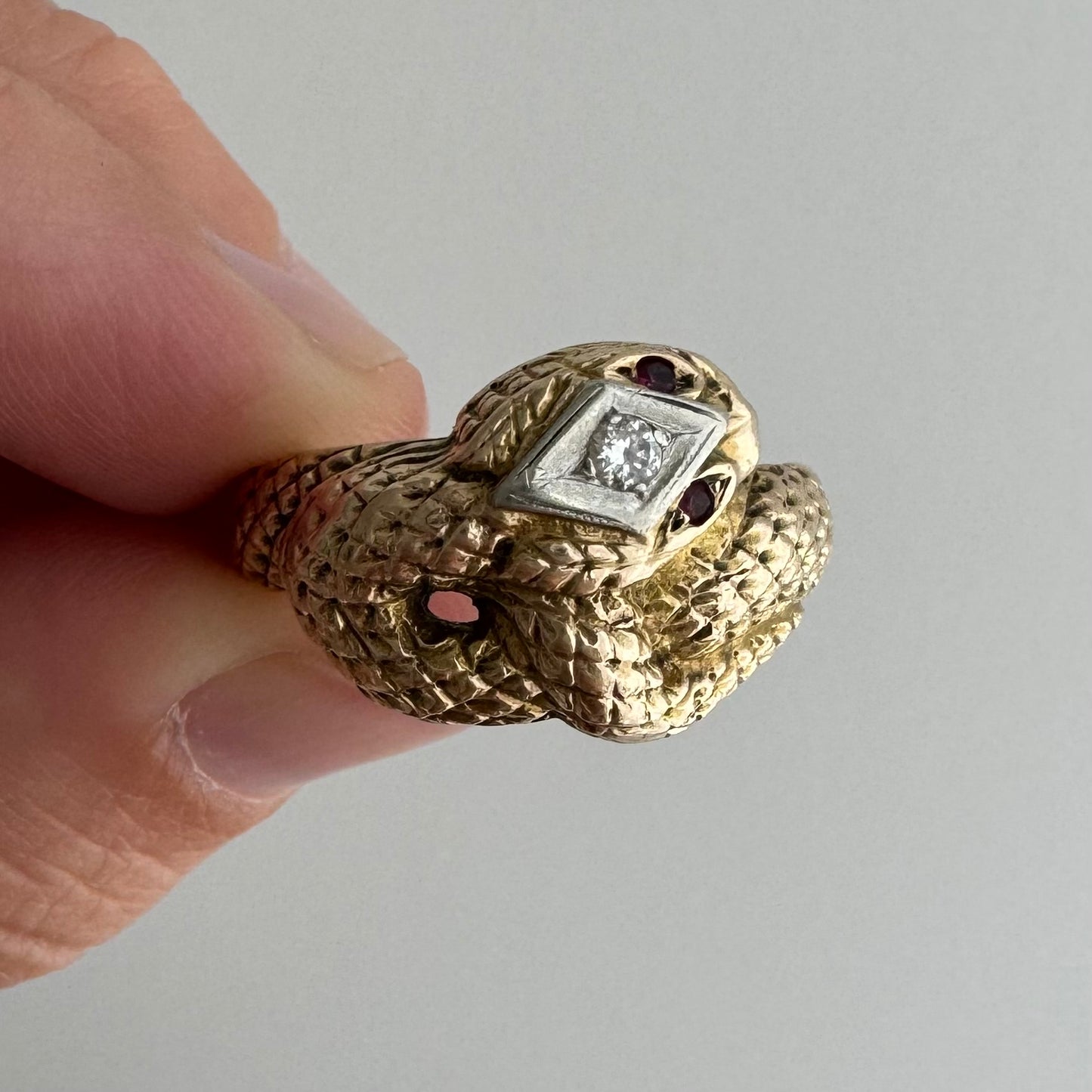 V I N T A G E // diamond head / 10k gold snake ring with diamonds and rubies / size 9.75 to 10