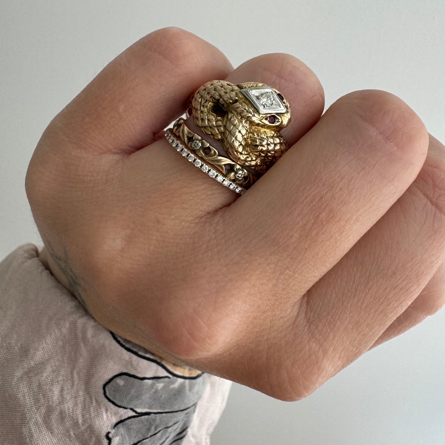 V I N T A G E // diamond head / 10k gold snake ring with diamonds and rubies / size 9.75 to 10