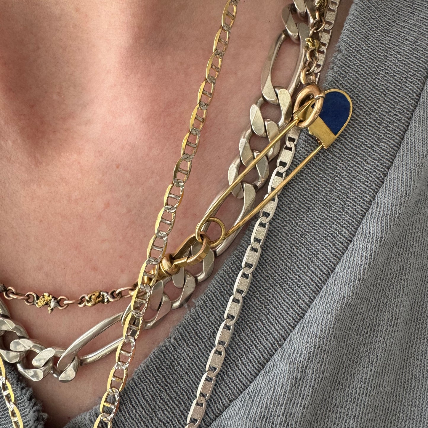 V I N T A G E // holding it together / 14k yellow gold and lapis safety pin / pendant, connector, earring