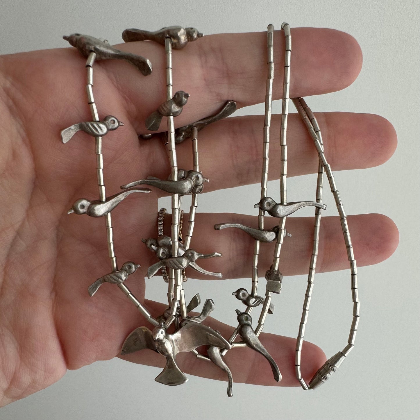 V I N T A G E // stages of flight / sterling silver fetish style bird and tube bead necklace / 26.5", 25.7g