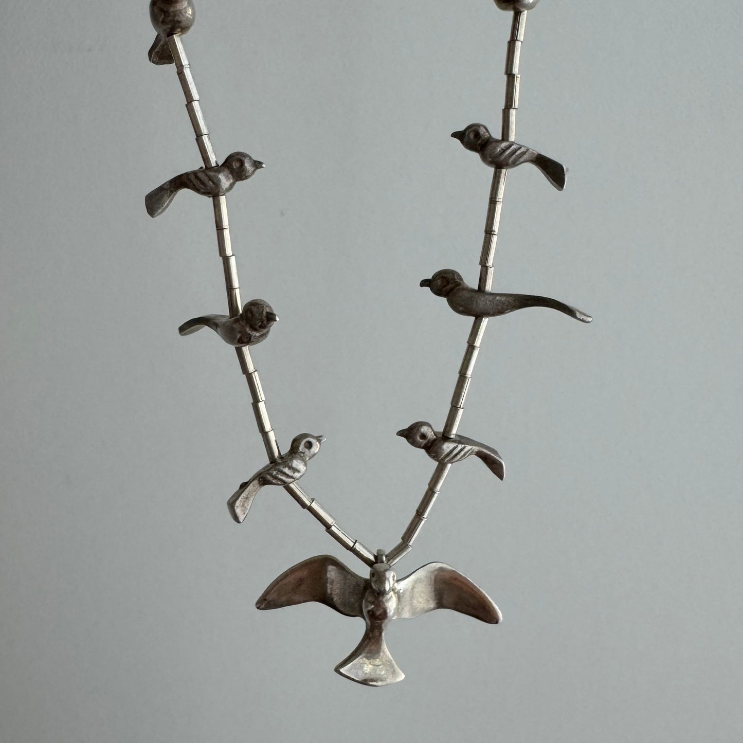 V I N T A G E // stages of flight / sterling silver fetish style bird and tube bead necklace / 26.5", 25.7g