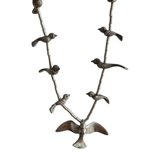 V I N T A G E // stages of flight / sterling silver fetish style bird and tube bead necklace / 26.5", 25.7g