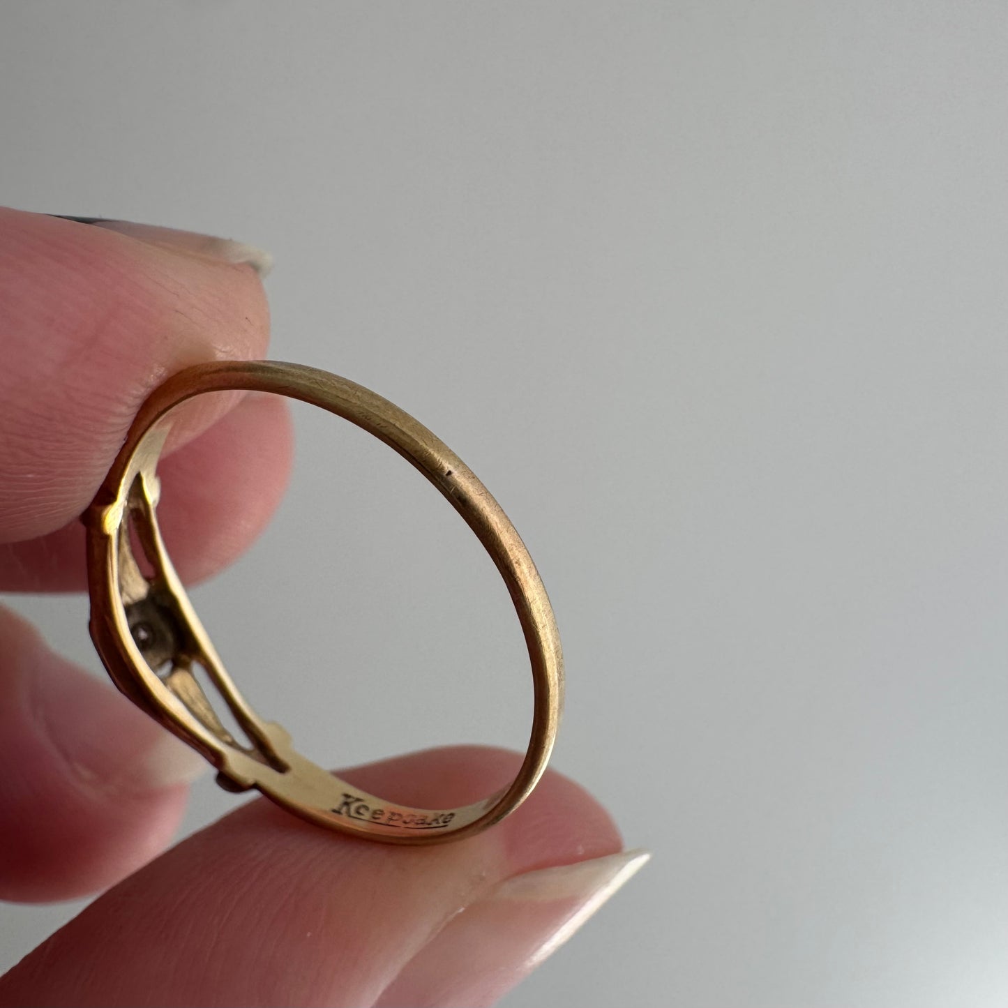 V I N T A G E / stretched eye / 14k and diamond art deco style solitaire stacking band / size 6.25