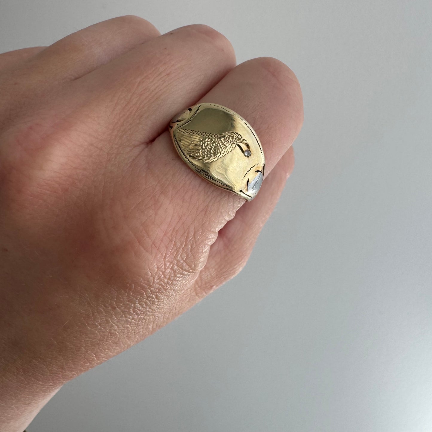 reimagined V I N T A G E // treasure seeker / 10k yellow and white gold signet with new crow engraving and diamond / size 8.75