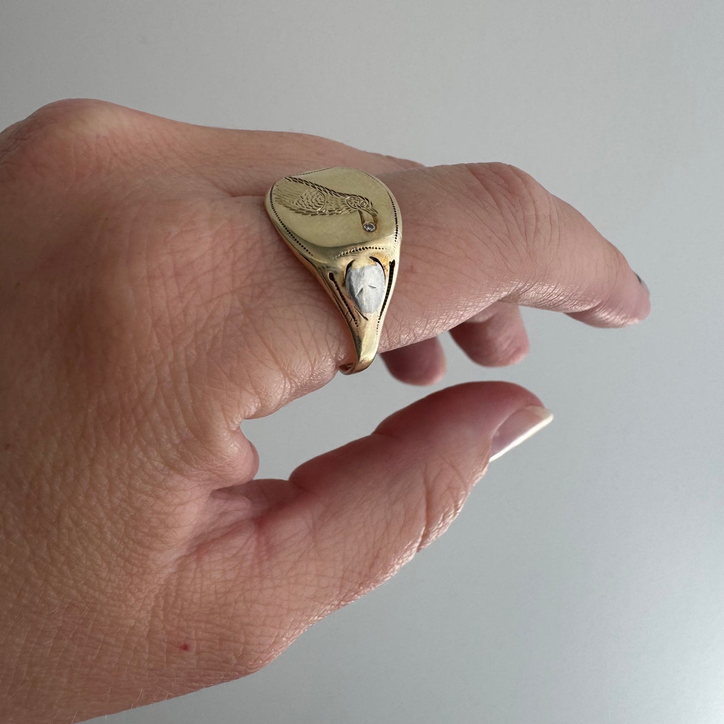 reimagined V I N T A G E // treasure seeker / 10k yellow and white gold signet with new crow engraving and diamond / size 8.75