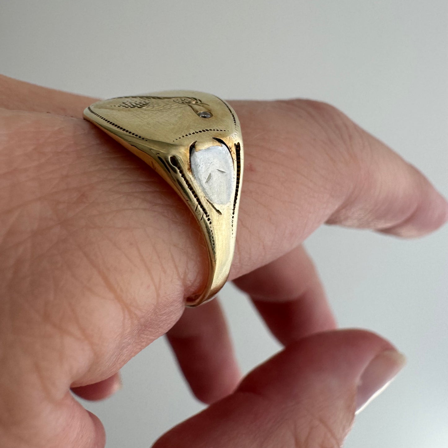 reimagined V I N T A G E // treasure seeker / 10k yellow and white gold signet with new crow engraving and diamond / size 8.75