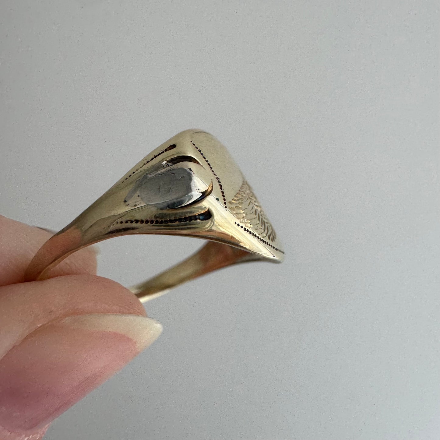 reimagined V I N T A G E // treasure seeker / 10k yellow and white gold signet with new crow engraving and diamond / size 8.75