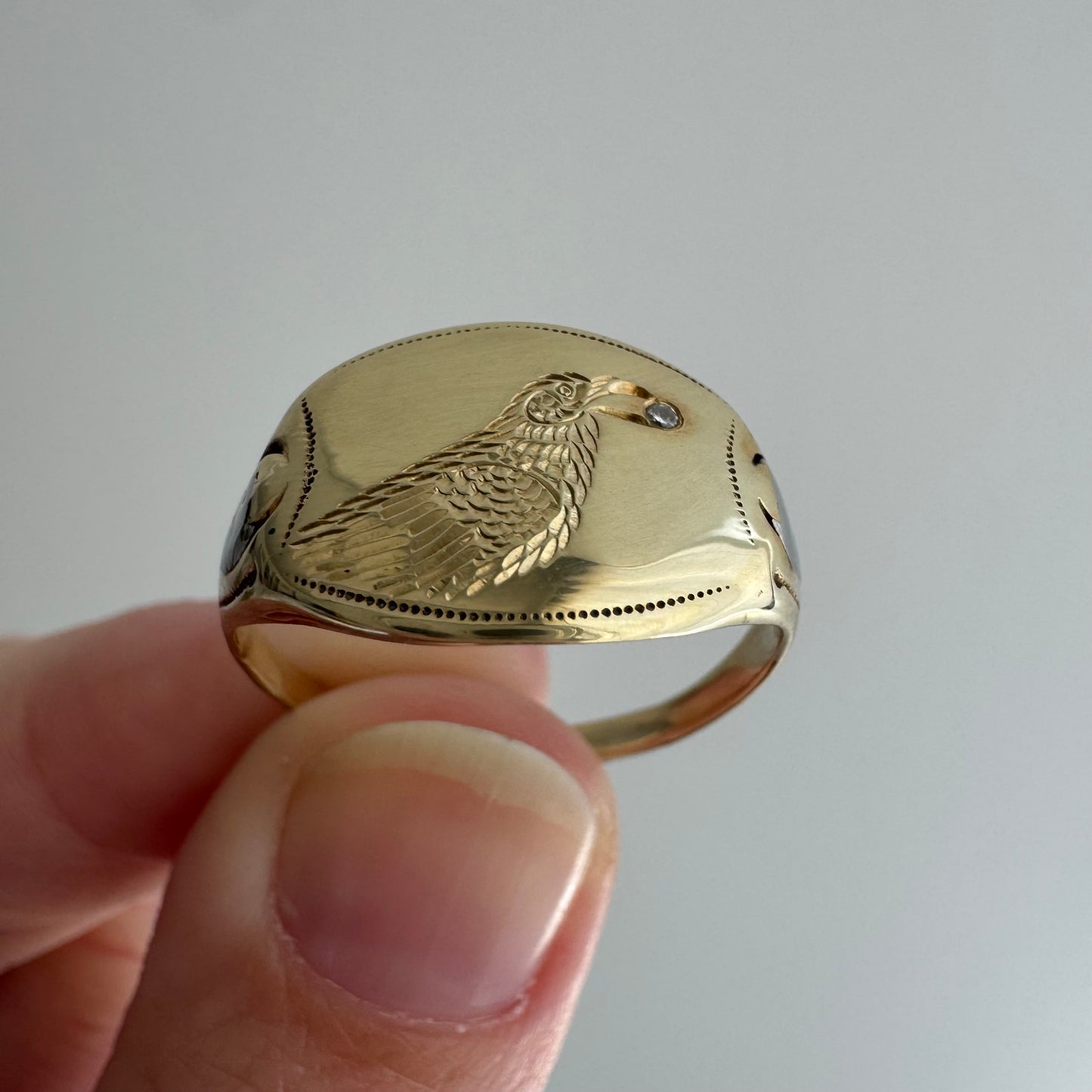 reimagined V I N T A G E // treasure seeker / 10k yellow and white gold signet with new crow engraving and diamond / size 8.75