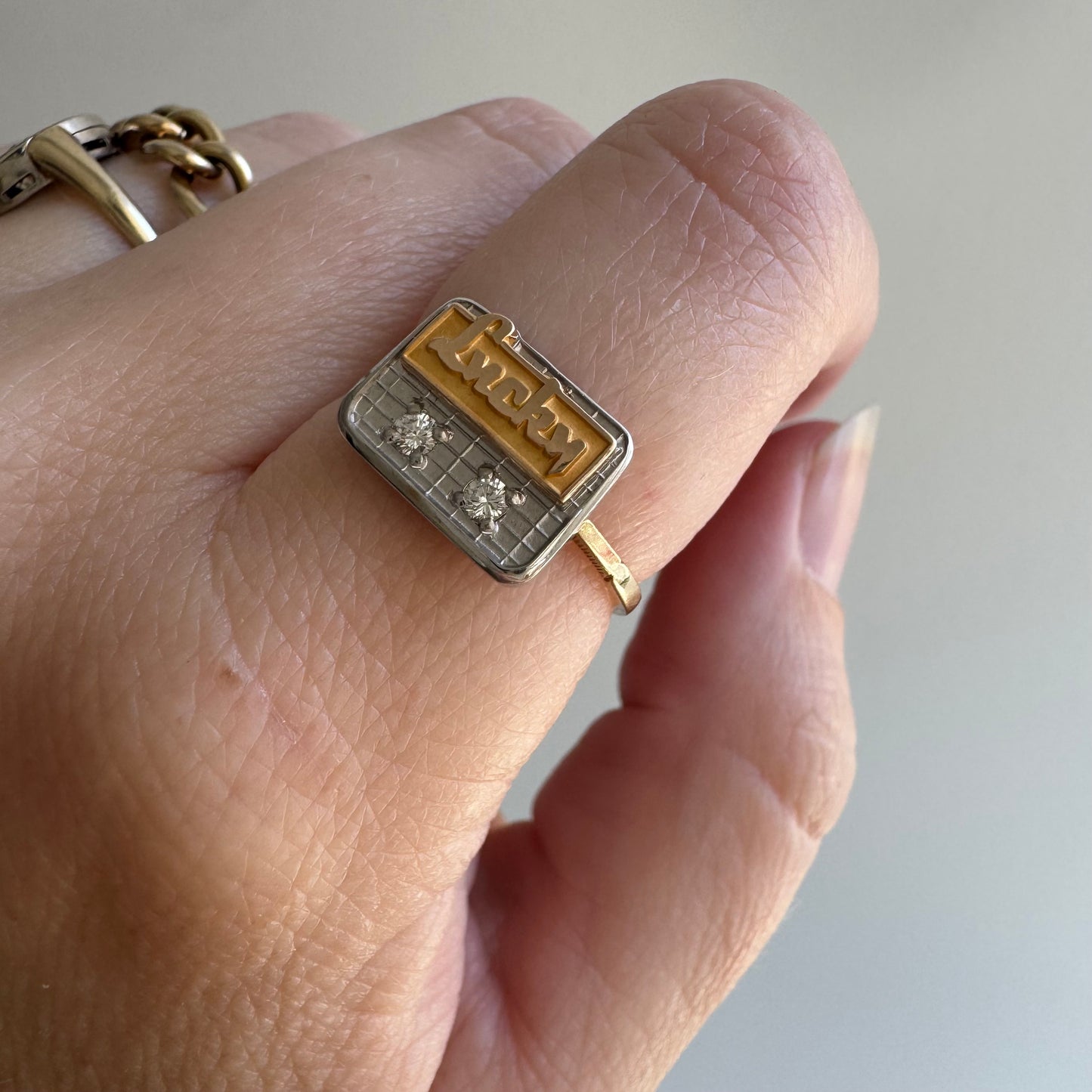 reimagined V I N T A G E // Lucky achievements / 10k and diamond Lucky supermaket pin conversion ring / size 5.75